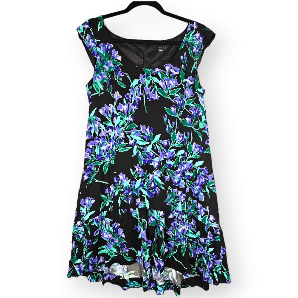 Ann Taylor Petite 12 Black Purple Green Floral Drop Flare Hem Shift Dress Lovely
